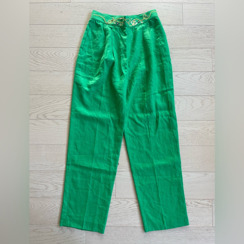 Vintage 90s Y2K Caché green 100% linen nautical embroidery pants trousers. NWT